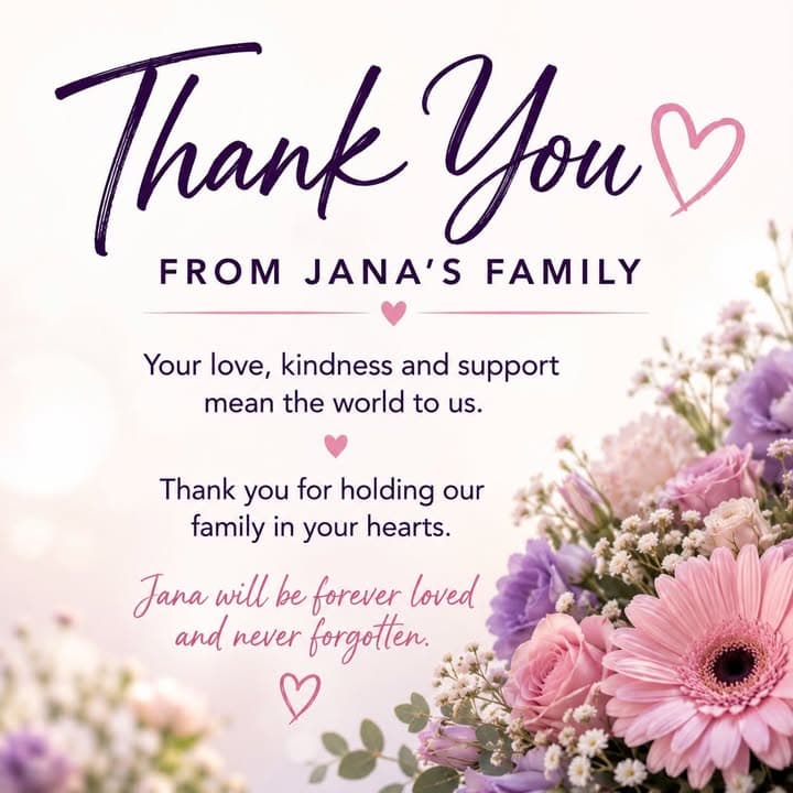 A MESSAGE FROM JANAS FAMILY Jana Armstrong's family, we would like to sincerely...