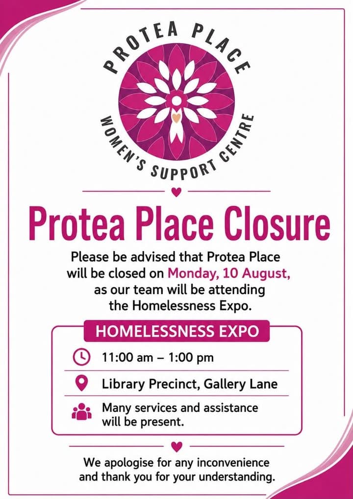 Protea Place Women’s Support Centre will be closed on Monday the 10th of August...